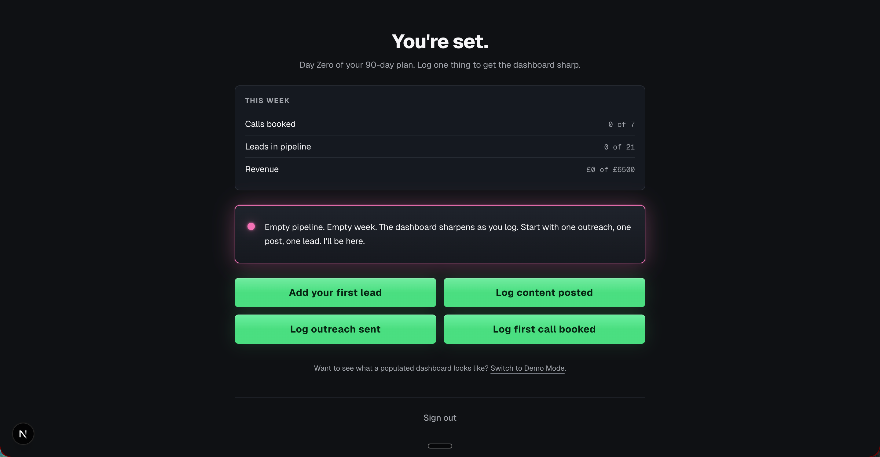 OperatorOS dashboard: day zero onboarding state